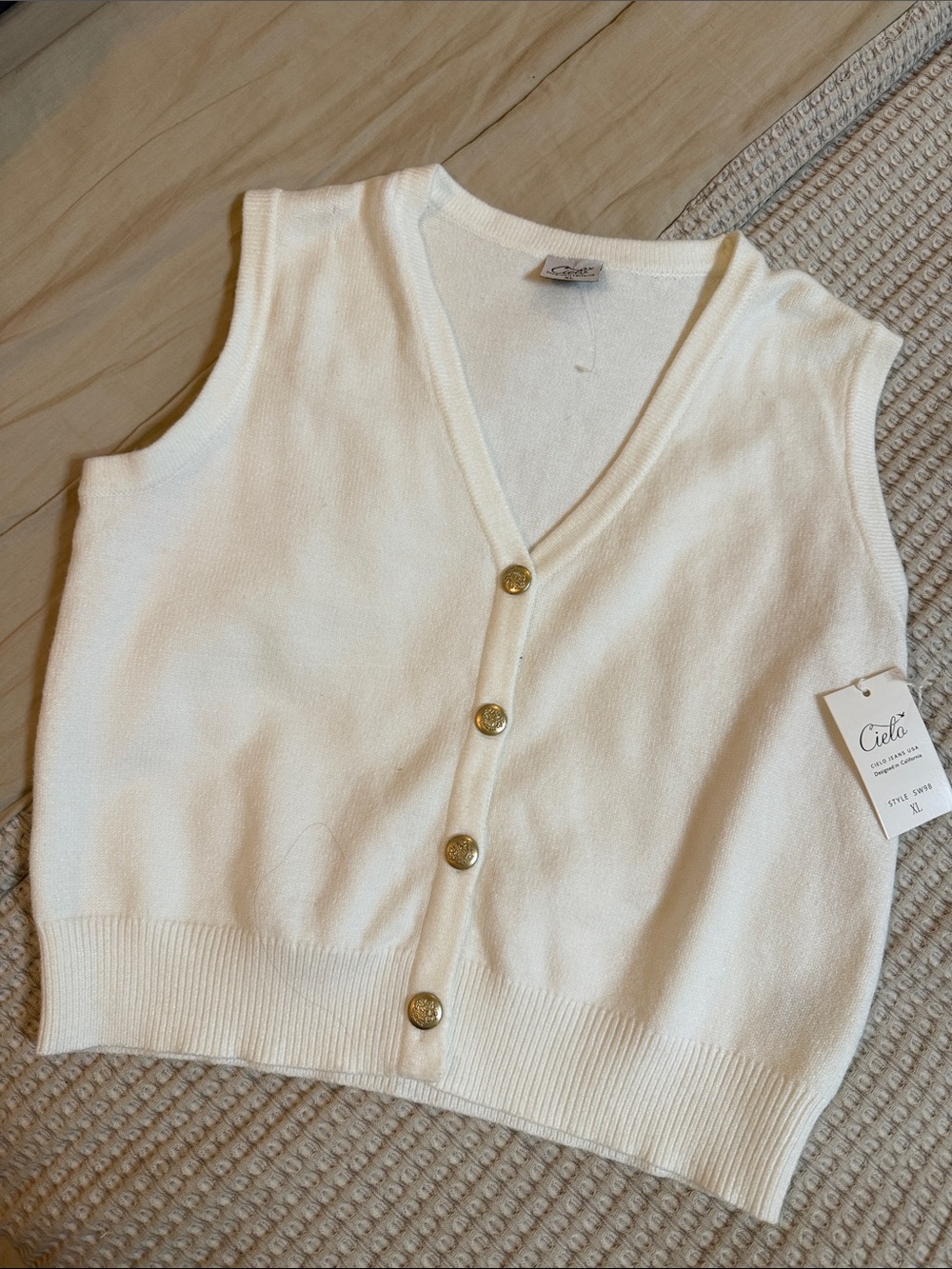 Cielo Cream Button-Front Knit Vest with Gold Buttons